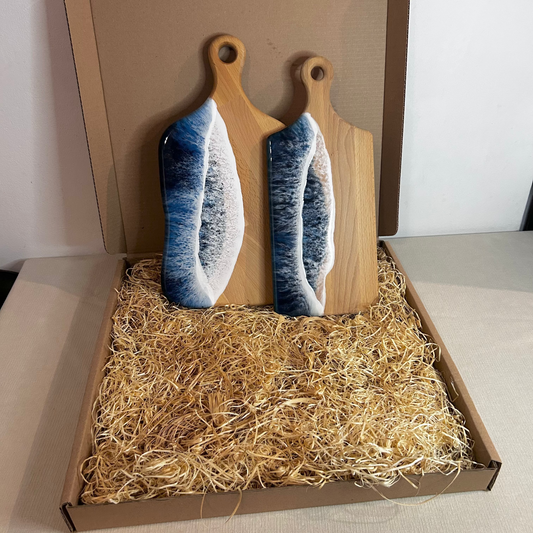 Set 2 platou de servire dreptunghiular cu maner din lemn, cu valuri, ideal pentru cadou, decor, branzeturi, aperitive