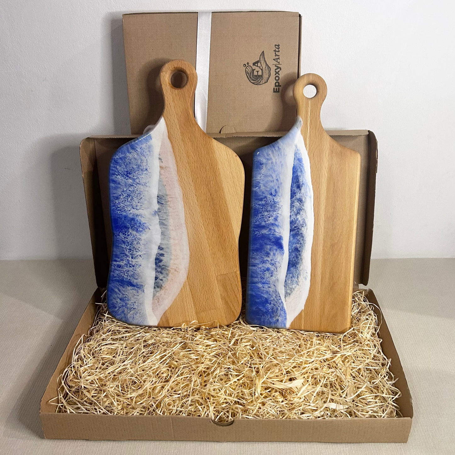 Set 2 platou de servire dreptunghiular cu maner din lemn, cu valuri, ideal pentru cadou, decor, branzeturi, aperitive