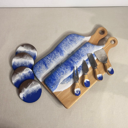 Set 2 platou de servire dreptunghiular cu maner din lemn, cu valuri, cu accesorii, ideal pentru cadou, decor, branzeturi, aperitive