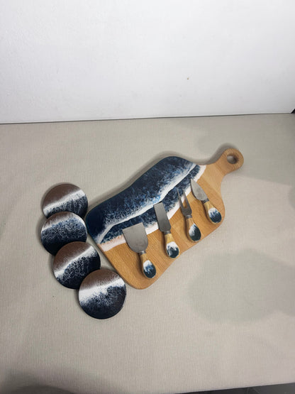 Set platou dreptunghiular cu maner, accesorii, valuri, ideal pentru cadou, decor, branzeturi, aperitive