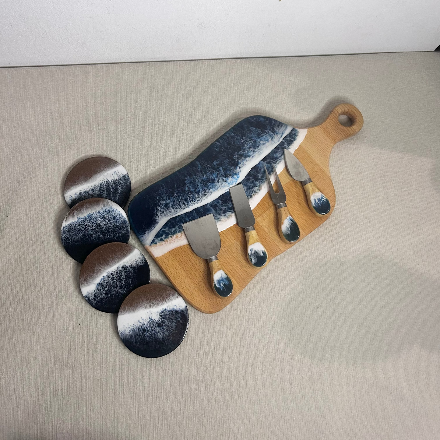 Set platou dreptunghiular cu maner, accesorii, valuri, ideal pentru cadou, decor, branzeturi, aperitive