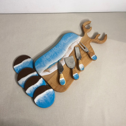 Set platou dreptunghiular cerb cu accesorii, valuri, ideal pentru cadou, decor, branzeturi, aperitive