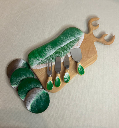 Set platou dreptunghiular cerb, cu accesorii, valuri, ideal pentru cadou, decor, branzeturi, aperitive