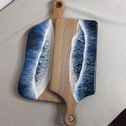 Set 2 platou de servire dreptunghiular cu maner din lemn, cu valuri, ideal pentru cadou, decor, branzeturi, aperitive