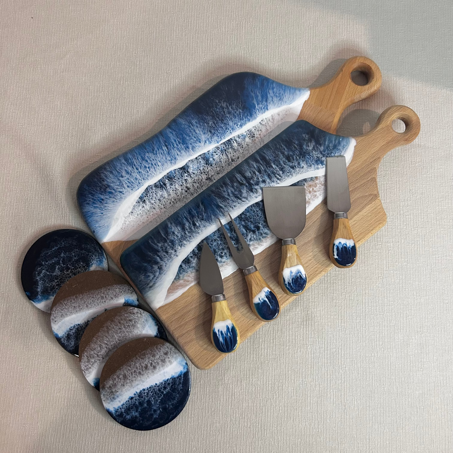 Set 2 platou de servire dreptunghiular cu maner din lemn, cu valuri, cu accesorii, ideal pentru cadou, decor, branzeturi, aperitive
