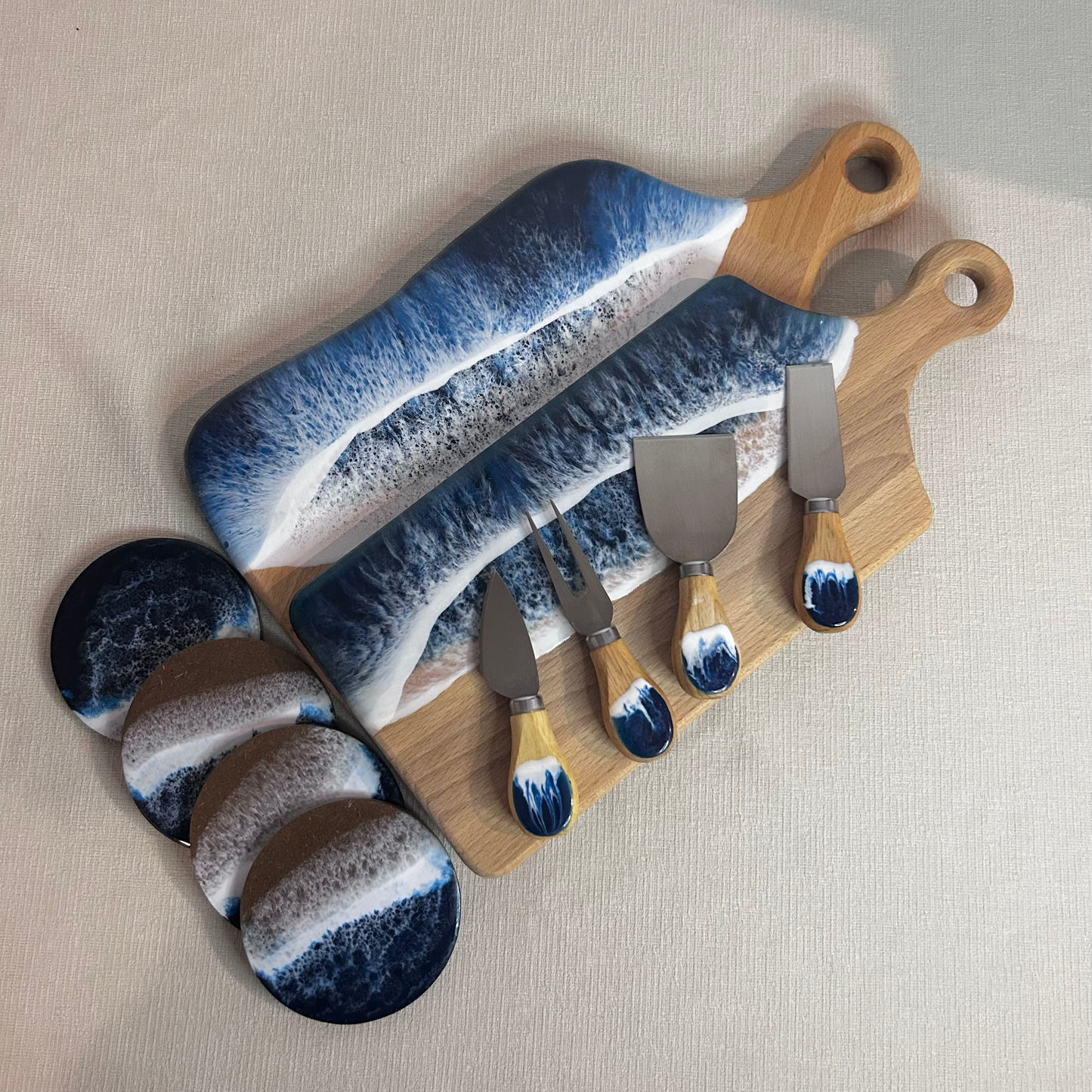 Set 2 platou de servire dreptunghiular cu maner din lemn, cu valuri, cu accesorii, ideal pentru cadou, decor, branzeturi, aperitive