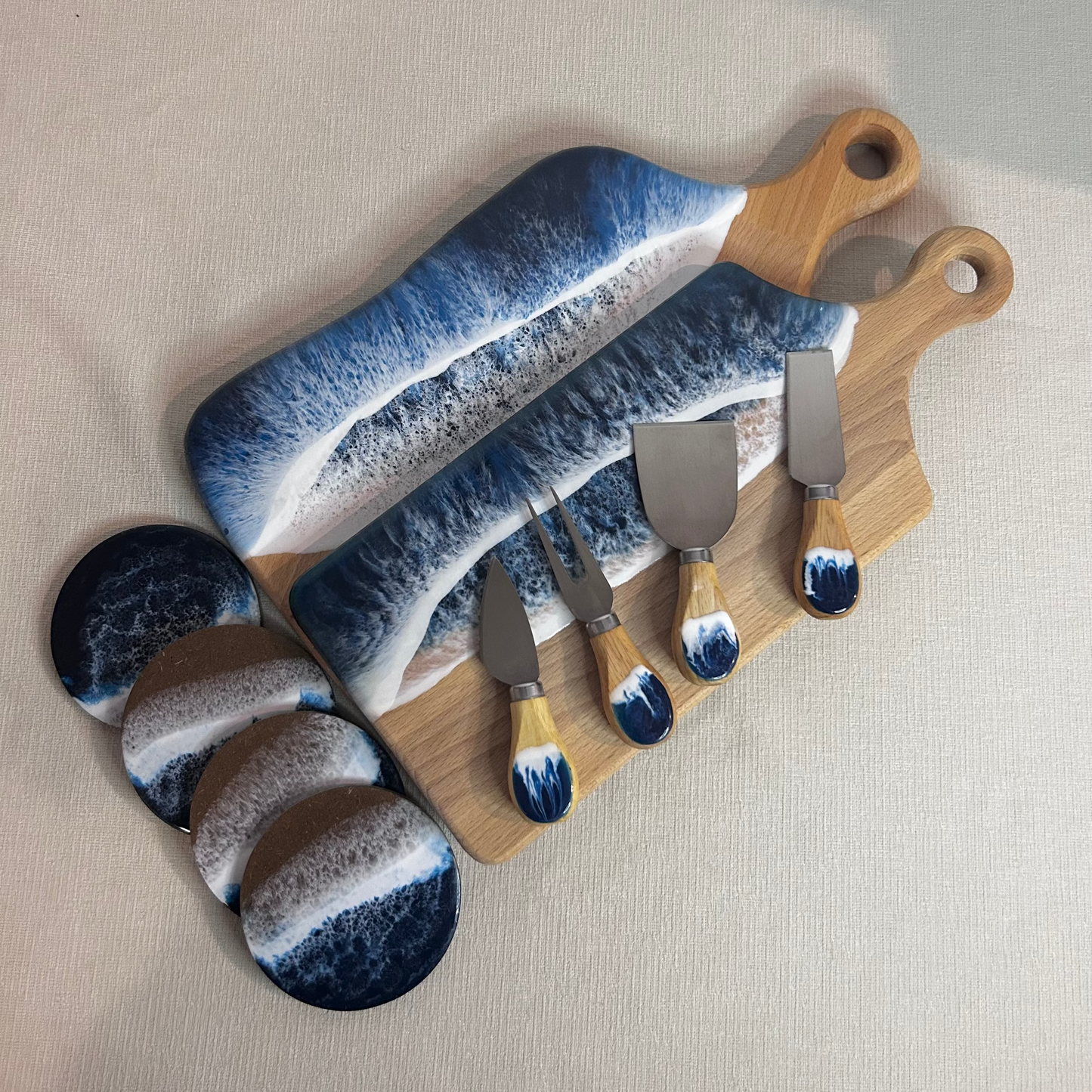 Set 2 platou de servire dreptunghiular cu maner din lemn, cu valuri, cu accesorii, ideal pentru cadou, decor, branzeturi, aperitive