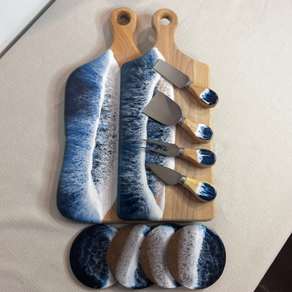 Set 2 platou de servire dreptunghiular cu maner din lemn, cu valuri, cu accesorii, ideal pentru cadou, decor, branzeturi, aperitive