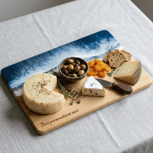 Platou / tocator dreptunghiular decorativ din lemn de fag cu rasina epoxidica, efect ocean albastru inchis. Personalizata cu un mesaj ales de tine - epoxyarta.ro