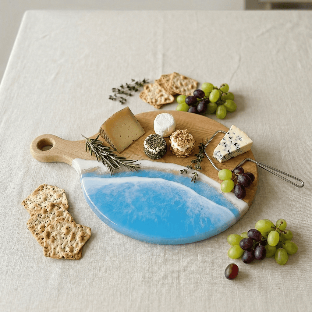 Platou / tocator rotund cu maner din lemn de fag cu rasina epoxidica, efect ocean albastru deschis. Personalizata cu un mesaj ales de tine - epoxyarta.ro